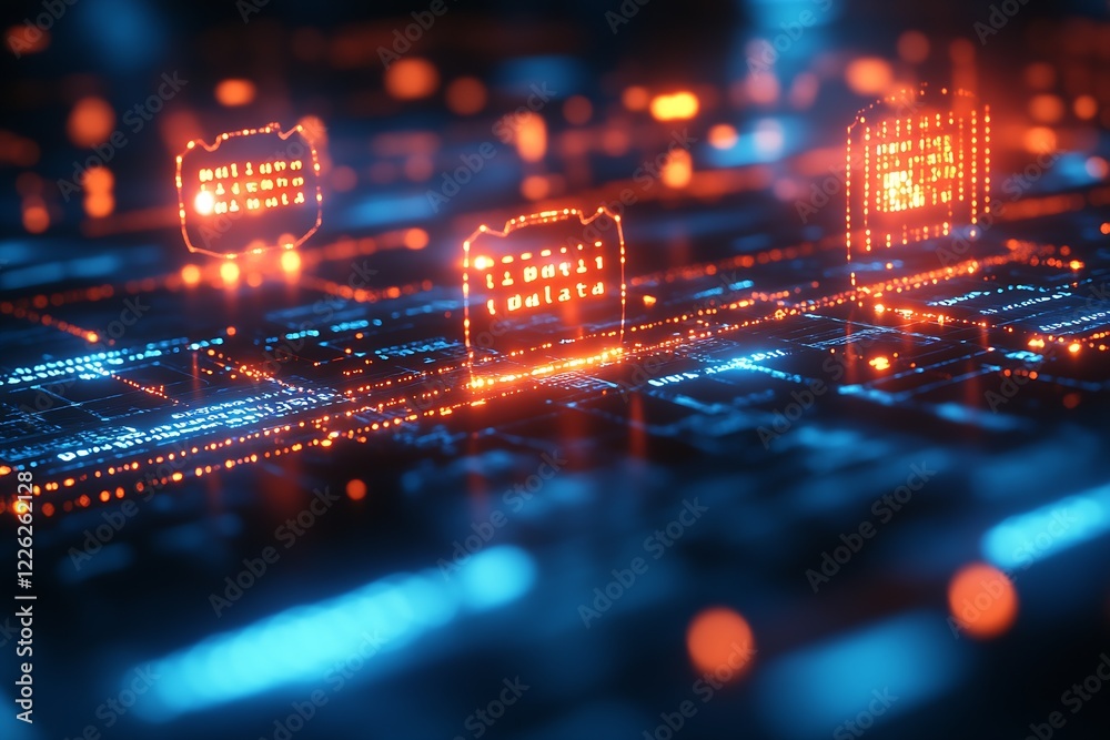 Poster cutting-edge technological interface with dynamic orange and blue light and digital symbols : genera