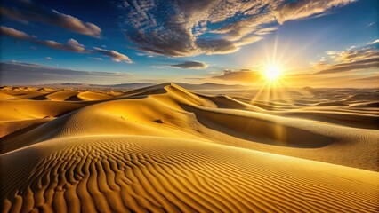 Naklejka premium Glittering golden sand dunes stretching across a vast desert landscape, landscape, dunes, golden, expansive, coastal