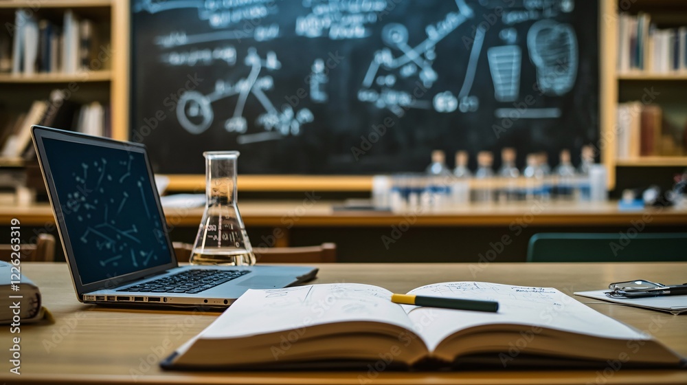 Poster school desk with a laptop and beaker nearby, featuring an open notebook and a pen resting on top