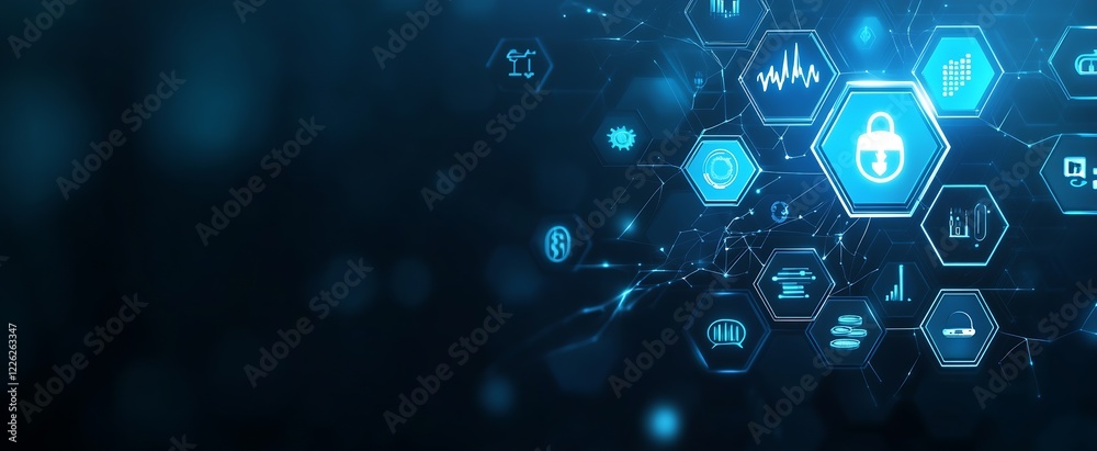Poster Cybersecurity Lock Technology with Futuristic Digital Interface and Network Connectivity : Generative AI