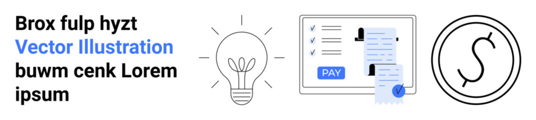 Light bulb for ideas, digital payment receipt with card, circular dollar sign. Ideal for finance, innovation, technology, payments, branding, creativity e-commerce abstract line flat metaphor