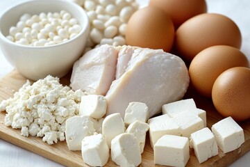 Fototapeta premium High-protein foods: chicken, eggs, beans, cheese, and cottage cheese. Perfect for illustrating healthy eating, diet, or nutrition concepts.