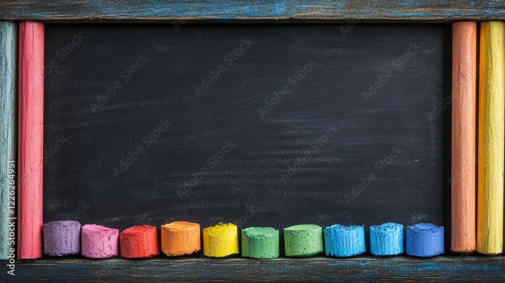 Poster colorful chalks are framing an empty blackboard with copy space