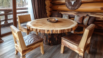 Rustic Wooden Dining Table And Chairs In A Cozy Log Cabin, Overlooking A Snowy Winter Landscape. Perfect For A Family Gathering.
