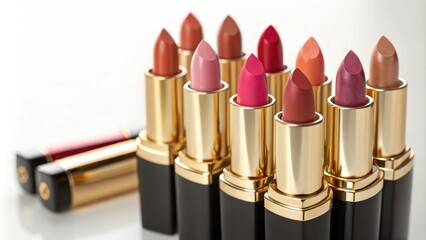 Obraz premium Group of Colorful Lipsticks with Different Finishes, beauty products, colored lipsticks, matte lipsticks, cosmetic display
