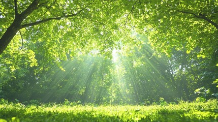 Fototapeta premium Sunbeams in lush green forest, nature tranquility, peaceful background, ideal for relaxation