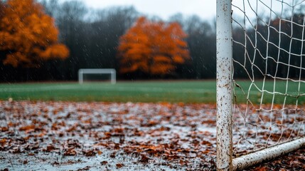 A rainy soccer field with autumn leaves and an empty goal in the background.