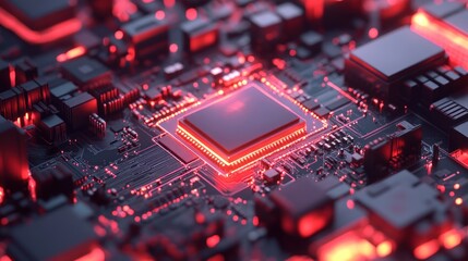 Fototapeta premium Futuristic projection of a future 3D microchip with circuit board and processor, AI generated image