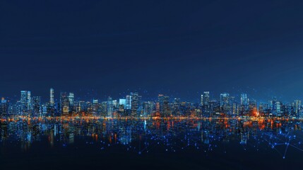 Fototapeta premium Nighttime cityscape with bright lights reflected in water with connected lines