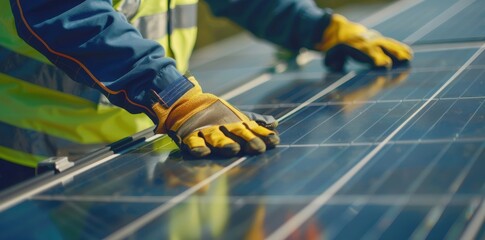 Worker installing solar panel stands on a sunny day at a photovoltaic power plant