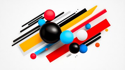 Abstract colorful spheres and dynamic lines on white background.