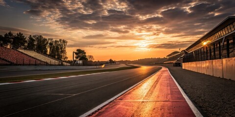 Fototapeta premium Sunset casts warm glow over racetrack and stands in quiet anticipation of the next event