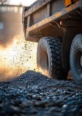 A dynamic shot of a dump truck unloading gravel at a construction site, with sunlight illuminating the dust and debris in the air
