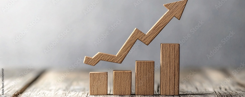 Poster Wooden blocks forming ascending bar chart with arrow going up symbolizing business growth
