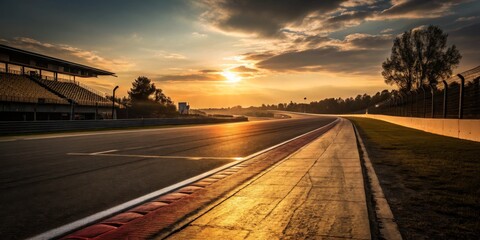 Fototapeta premium Sunset view over racing track with empty grandstands and warm golden light illuminating the asphalt