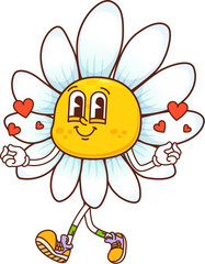 Groovy daisy chamomile flowers character. Spring flower in love funny groovy isolated vector personage, hippie chamomile cheerful mascot or summer daisy cute character walking and happy smiling