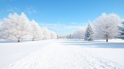 Obraz premium Snowy path through winter park, bright sunlight. Ideal for winter, nature, landscape themes