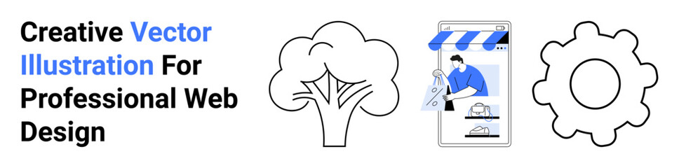 Tree, online store mockup with artist drawing, gear outline design. Ideal for technology, e-commerce, creativity, sustainability, web development, marketing flat landing page banner