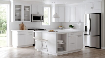 Modern white kitchen island, breakfast bar, stainless steel appliances, bright sunlight. Use Interior design inspiration