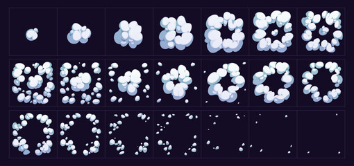 Smoke cloud explosion game sprite. Cartoon animate steam, bomb explosion with white smoke clouds, steam and dust puff motion sequence. Animated comic boom blast 2d video and mobile game sprite sheet © Vector Tradition