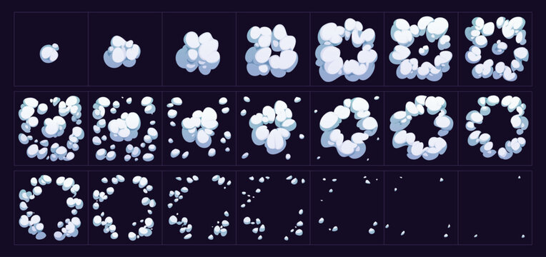 Smoke cloud explosion game sprite. Cartoon animate steam, bomb explosion with white smoke clouds, steam and dust puff motion sequence. Animated comic boom blast 2d video and mobile game sprite sheet