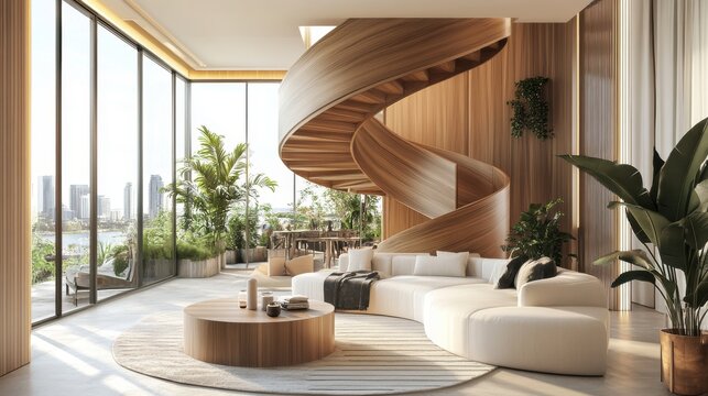 A Modern, Sunlit Living Room Features A Stunning Wooden Spiral Staircase, A Curved White Couch, And Lush Tropical Plants, Offering A Tranquil And Luxurious Atmosphere.