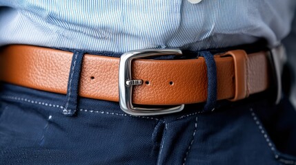 A close-up of a brown leather belt with a silver buckle worn over blue pants.