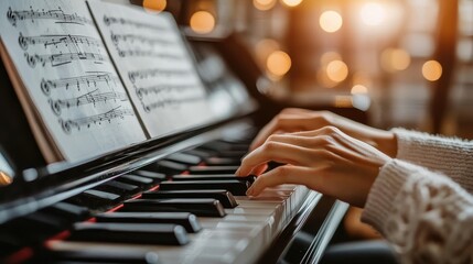 Close-Up View of Hands Playing Grand Piano with Sheet Music Under Soft Ambient Light