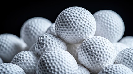 A close-up view of stacked white golf balls showcasing their textured surface.