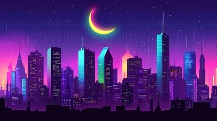 Fototapeta premium Neon City Skyline Night View Under Crescent Moon