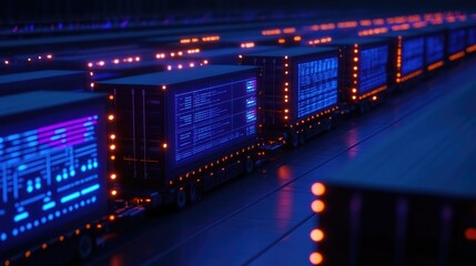 Futuristic truck convoy, digital displays, night road, data transport