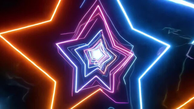 Hypnotic animation of vibrant neon stars moving dynamically through a colorful hyperspace background in a seamless looping sequence