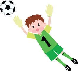 A boy playing soccer wearing green jerseys. Goalkeeper. Jumping. Vector illustration