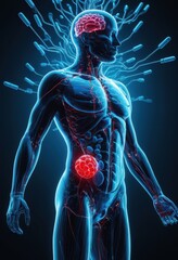 A digital human figure with a glowing neural network and highlighted organs, representing connections between biological systems and technology.