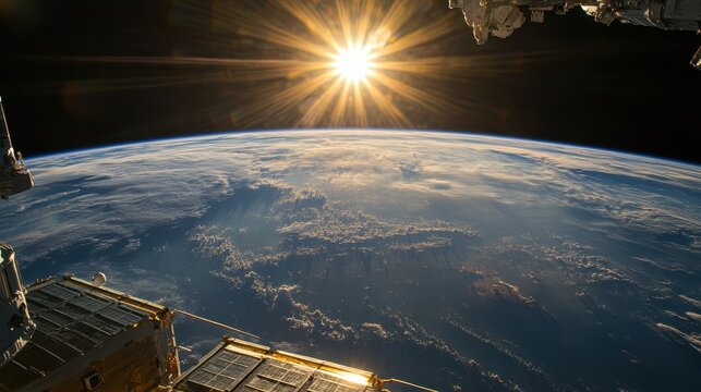Astronaut Conducting Spacewalk Outside International Space Station with Earth and Sun in Background