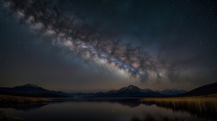 Fototapeta premium A clear night sky showcases the Milky Way arcing across still waters, with stars twinkling above a serene mountain landscape.