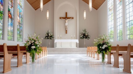 Wedding ceremony setup in a bright chapel