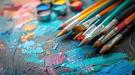 There are many different colored pencils on a table with paint