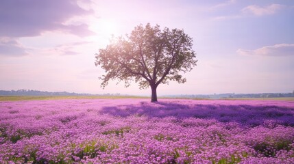 Serene Landscape with Solitary Tree in Purple Flower Field