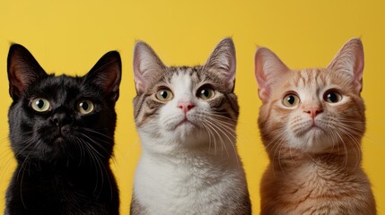 Three cats of different colors posing against a vibrant yellow background.