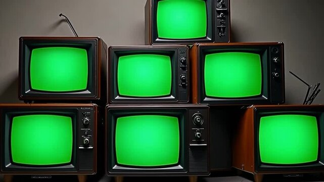 Vintage TV Stack with Green Screens: A nostalgic stack of vintage televisions with vibrant green screens. An intriguing composition, perfect for creative media and branding projects.