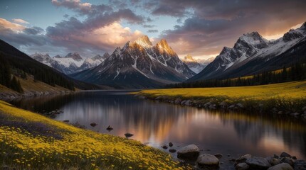 Fototapeta premium Peaceful mountain scene with soft evening light casting reflections on a still alpine lake, surrounded by blooming meadows, lush greenery, and towering snowy peaks under a vibrant and cloudy sky.