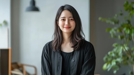A Young Woman With Dark Hair Smiles Gently In A Relaxed Pose, Wearing A Dark Button-Up Shirt In A Bright, Minimalist Space.