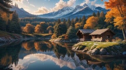 A cozy cabin rests by a reflective alpine lake surrounded by autumn-hued trees, creating a warm, tranquil hideaway where nature’s golden glow meets the quiet serenity of the outdoors.