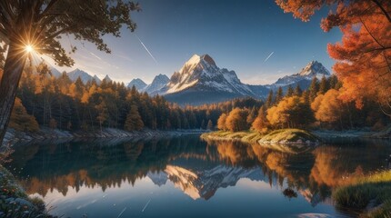Golden autumn trees embrace a calm lake reflecting jagged peaks and a radiant sky. A rustic wooden boat rests quietly by the shore, creating a peaceful haven for reflection and adventure.