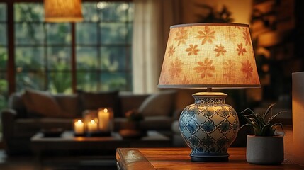 Illuminated table lamp with floral shade in cozy living room.