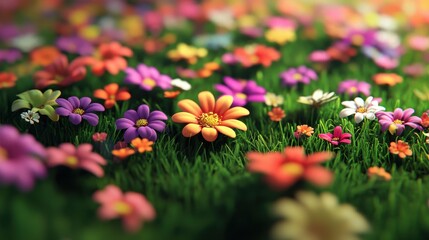 Vibrant colorful flowers bloom in lush green grass. Perfect for spring, nature, or happy themes, evokes joy and freshness.