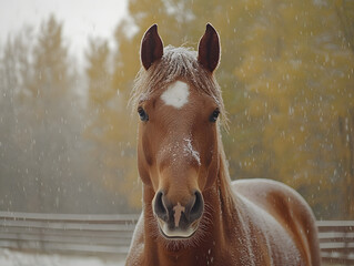 close up of horse face with frost in snowy landscape, showcasing its beauty