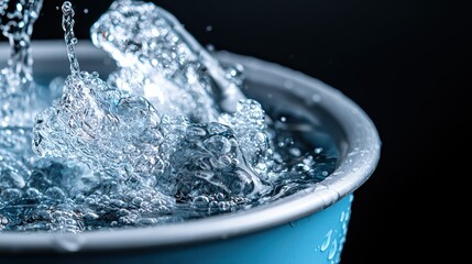 A close-up of water splashing in a blue bucket against a dark background.