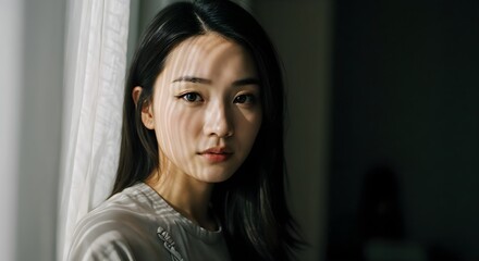Fototapeta premium Thoughtful Asian Woman Gazing Out Window, Serene Portrait Photography